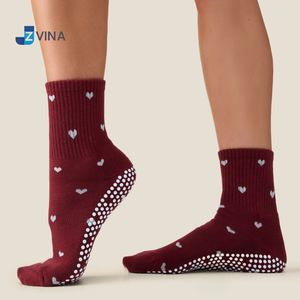 Custom LOGO Youth Pilates <b>Socks</b> 100% Cotton Burgundy Color Solid Dual Direction Grip <b>Women</b> Anti Slip Yoga Barre Daily Free - Product Image 4
