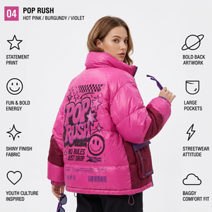 Custom Pop Rush Quilted <b>Jacket</b> Hot <b>Pink</b> Burgundy Violet Statement Print Bold Back Artwork Winter Puffer Coat Women's Streetwear - Product Image 1
