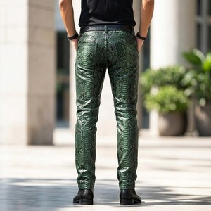 Pantalones Casuales de Piel de Pitón Ligeros de Cintura Alta para Hombre |   Pantalones de Motociclista Ajustados con Estampado de Piel de Serpiente y Cierre de Cremallera - Product Image 2