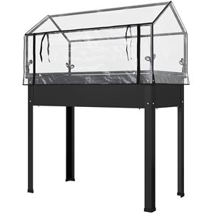 Fioriera rialzata nera con telaio in legno ecologico e copertura a serra, con gambe e foro di drenaggio per ortaggi - Product Image 1
