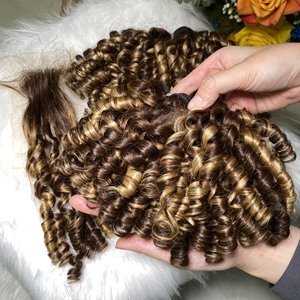 Vente chaude Usine Pas Cher Piano Couleur Surbrillance Super Double Dessiné Printemps Bouclés Frange Bundles de Cheveux Humains - Product Image 4