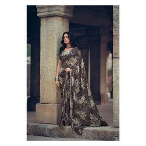 Nuevo diseñador Georgette Saree con blusa marrón impresa digital sin costuras Blusas y camisas para mujeres - Product Image 1