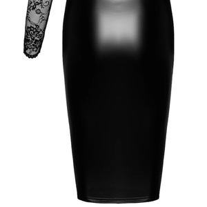 Robe de soirée moulante sexy à manches longues et taille haute, avec haut asymétrique en dentelle et jupe midi en similicuir noir uni - Product Image 3