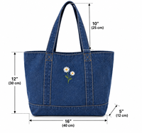 Sac fourre-tout en jean avec broderie marguerite, couleur unie, style minimaliste, ouverture supérieure, usage quotidien