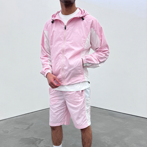 Men's Pink Color Blocking Windbreaker Tracksuit Set Half-<b>Zip</b> Jacket Shorts Breathable Lightweight 100% Cotton Drawstring Closure - Product Image 1
