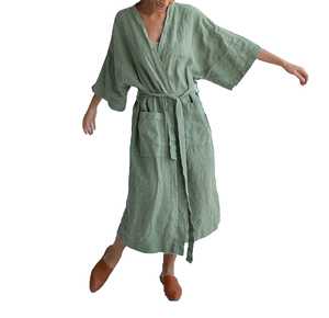Peignoir Kimono Long Premium en Lin Pur Col V Écologique Séchage Rapide avec Ceinture Léger pour Femme Robe de Chambre Spa Vente en Gros - Product Image 4