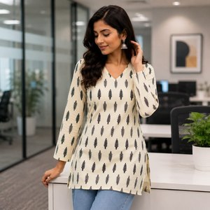 Trendy Pure Cotton Kurti With Leaf Print Loose Fit Midi Length Casual Wear For India Pakistan Style All Seasons <b>White</b> With - Product Image 2