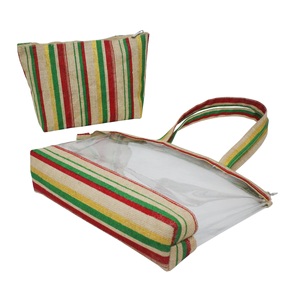 Sac cosmétique transparent en PVC à imprimé rayé, sac messager de style bohème pour femmes XL, sac de toilette en tissu de jute laminé PP, trousse de maquillage - Product Image 3