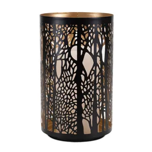 Cylindrical Metal <b>Lantern</b> Black With <b>Gold</b> Interior Tree Pattern Design Tabletop Home Decoration Heat Resistant - Product Image 1