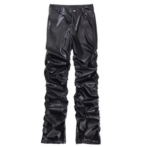 <b>Men's</b> <b>Black</b> Leather Coated Breathable Multi-Pocket Straight <b>Pants</b> High Waist Zipper Fly Casual Style Lightweight Knitted Fabric - Product Image 1