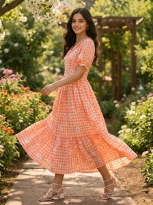 ชุดเดรสยาวสไตล์อินเดีย ผ้ามัสลินคอตตอนวินเทจ พร้อมสวมใส่ ตัดเย็บสำเร็จ คอวี แขนพอง ทรงเอไลน์ ลำลอง พิมพ์ลายดอกไม้ - Product Image 4