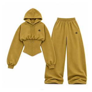 Ensemble de survêtement Y2K Automne Hiver Jaune Moutarde avec sweat à capuche court brodé et pantalon de survêtement en coton épais à jambe large avec taille corset personnalisée - Product Image 1