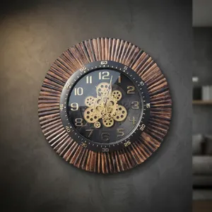 Wooden <b>Wall</b> <b>Clock</b> Glass Face Round Analog Mechanical Art Deco Design Silent Non-Ticking Decorative Home Interior - Product Image 3