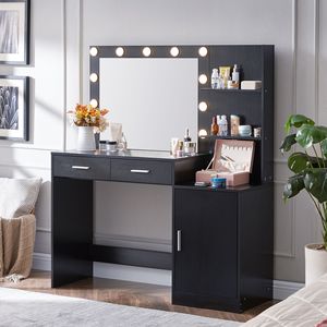46.4IN Makeup Vanity Desk with Mirror Lights 3-Level Dresser 2 Large Vertical Organizers 2 Large Drawers <b>Dressing</b> <b>Table</b> <b>Storage</b> - Product Image 2