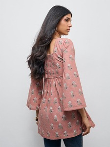 Trendy Women Dusty Rose Floral Printed <b>Long</b> <b>Top</b> <b>Square</b> <b>Neck</b> Empire Waist Flared Tunic Stylish Bohemian Casual Wear - Product Image 3