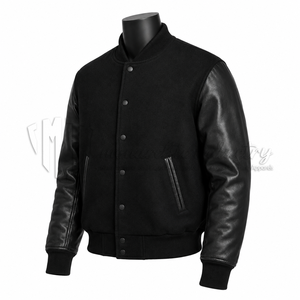 Chaqueta Varsity Personalizada de Lana y Cuero Negra para Hombre, Chaqueta Letterman Lisa, Chaqueta de Béisbol con Bordado OEM, Fabricante al por Mayor - Product Image 3