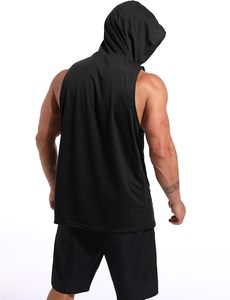 Men's <b>Black</b> Hooded Sleeveless <b>Tank</b> <b>Top</b> With Pockets Quick Dry Sporty Fit Knitted Mesh Gym Vest - Product Image 3