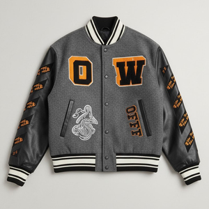 Chaqueta Varsity Gris Personalizada SHY SPORTS OEM con Mangas de Cuero Negro, Franja Diagonal y Parche Bordado con la Letra OW - Product Image 1