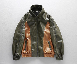 Blouson bomber en cuir PU pour homme, à blocs de couleur, manches longues, coupe-vent, style automne - Product Image 1