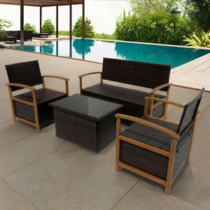 Juego de muebles de patio de madera de acacia de mimbre marrón moderno de 4 piezas para sala de estar y sofá de teca al aire libre para hoteles y jardines - Product Image 1