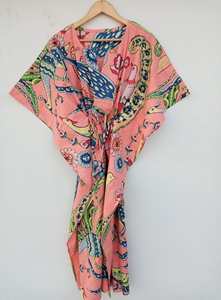 Robe Kaftan ample à imprimé floral vintage pour femmes, col en V, manches 3/4, 100% coton, style bohème indien fait main, plage - Product Image 5