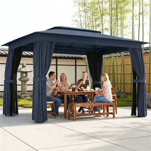 Blue Outdoor Terrace Pavilion with Soft Top and Sunshade Curtains Rain Shelter for Sun Protection - Product Image 1