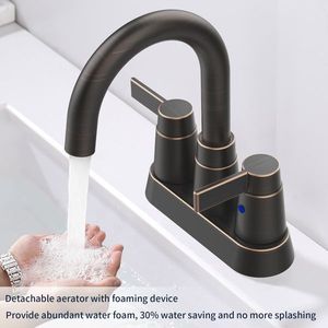 Rubinetto da bagno a 2 maniglie in bronzo lucidato a olio, con beccuccio girevole ad arco alto a 360 gradi, rubinetto per lavabo con interasse da 4 pollici per installazioni alte - Product Image 4