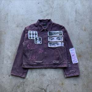Custom Purple Distressed Denim Cotton Grunge <b>Punk</b> Streetwear Acid Wash Distressed Patchwork Men's <b>Jackets</b> - Product Image 1