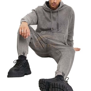 SAINT APPARELS Ensemble survêtement homme gris délavé à l'acide, sweat à capuche et pantalon de jogging, 100% coton, style vintage streetwear décontracté, 2 pièces - Product Image 3