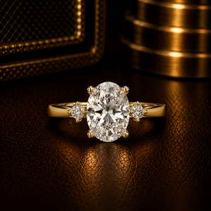 Anillo de Compromiso de Oro Puro de 14K con Diamante Ovalado Cultivado en Laboratorio, Anillo de Boda con Tres Piedras Redondas Brillantes para Mujer - Product Image 1
