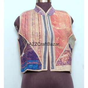 Chaleco de Algodón Acolchado Kantha Vintage Hecho a Mano para Mujer, Estilo Boho, 100% Algodón Puro, Diseño Corto - Product Image 1