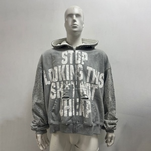 Nuevo Diseño Sudadera con Capucha Oversize con Cremallera, Estampado Crack, Estilo Urbano, Mangas con Pedrería y Efecto Desgastado - Product Image 1