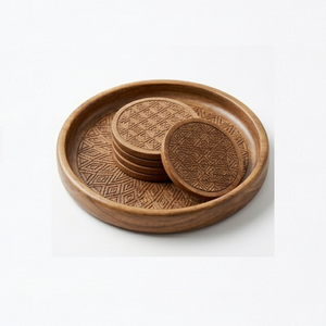 Juego de Posavasos y Bandeja Redondos de Madera de Mango Biodegradable Hechos a Mano, Decoración Geométrica Grabada para Mesa de Fiesta, Plato para Bebidas - Product Image 3