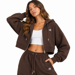 Ensemble de survêtement pour femme avec sweat à capuche court zippé marron chocolat et pantalon à jambe large en molleton de coton GSM, coupe ample, personnalisable, direct usine, OEM - Product Image 2