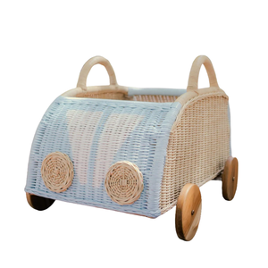 Natural Rattan Children Car Toy Buggy for Playing Storage Organizer Cart Kid Room Wicker Rolling Storage Basket Wholesale - Product Image 3