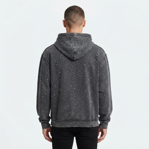 <b>Mens</b> Winter Oversized Plaid Pattern Rhinestone Zip-Up Fleece <b>Hoodie</b> with Breathable <b>Black</b> Crystal Studded & Kangaroo Pockets - Product Image 2