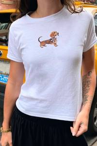 Scarf Wearing Dachshund <b>Dog</b> Print White Cotton Short Sleeve <b>T</b>-<b>Shirt</b> Women Crew Neck Crop Top Streetwear Apparel - Product Image 1