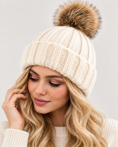 Cream Knitted <b>Beanie</b> <b>Hat</b> With Pom Pom 100% Acrylic Winter Casual Wear For <b>Women</b> 56-58CM Head Circumference - Product Image 2