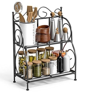 Étagère à épices robuste à 2 niveaux, finition noire, en fer, gain de place, pour bocaux, bouteilles et ustensiles de cuisine - Product Image 1