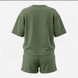 Conjunto informal verde oliva de 2 piezas para mujer, camiseta de manga corta con estampado geométrico y pantalones cortos por encima de la rodilla, corte holgado, primavera y verano - Product Image 2