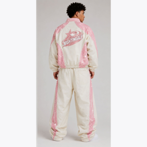 Conjunto Deportivo para Hombre en Rosa y Blanco con Bloques de Color, Chaqueta Cortavientos con Cierre Completo, Corte Holgado, Estilo Urbano, con Bolsillos Laterales y Estampado por Sublimación - Product Image 4