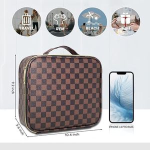 Spaziosa Borsa da Viaggio Impermeabile in Pelle PU per Cosmetici, Organizer con Scomparti Regolabili, Borsa per il Trucco a Quadretti W - Product Image 5
