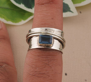 Bague de mariage de luxe en argent sterling 925 avec sertissage clos et topaze bleue pour femme, style classique pour soirée - Product Image 5