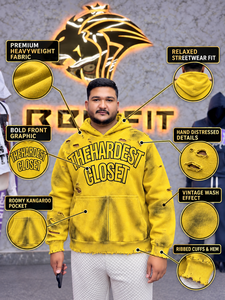 เสื้อฮู้ดดี้ผู้ชายสีเหลืองทรงหลวมสไตล์วินเทจ ยี่ห้อ The Hardest Closet  แบบฟอกสีทำเก่า ปักลาย  แบบ Dirty Wash - Product Image 1