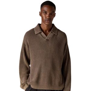 Men Heavy Washed Rib Knit Polo Sweater <b>Brown</b> <b>Long</b> <b>Sleeve</b> Soft Textured Pullover Casual Winter <b>Top</b> Cotton Blend OEM - Product Image 3