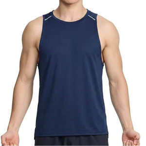 Men's <b>Navy</b> Blue Sleeveless Tank <b>Top</b> O-Neck Quick Dry Sporty Activewear Knitted 100% Polyester Solid Color Front Logo - Product Image 1