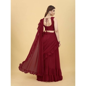 LEHENGA SAREE DE GEORGETTE LISO PARA FIESTA CON BLUSA SIN COSTURAR ROJO - Product Image 5