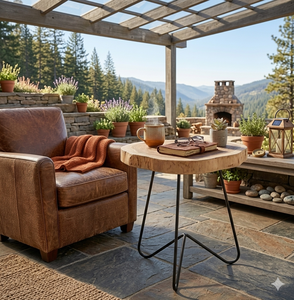 Modern <b>Rustic</b> Live Edge Solid <b>Wood</b> Slab Side <b>Table</b> Contemporary Round Accent Stool Coffee <b>Table</b> With Metal Hairpin Legs - Product Image 2