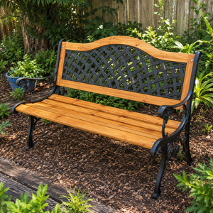 Honey Wood Garden <b>Bench</b> Black <b>Metal</b> Lattice Back Outdoor Patio Lawn Seating Decorative Park Furniture Premium Style - Product Image 3