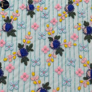 Maille brodée de sequins turquoise vibrants avec des fleurs de perles roses |   Roses bleu roi surélevées et accents jaunes gemmes pour robes de soirée - Product Image 1